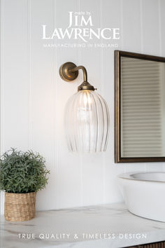 a bathroom with a sink, mirror and plant on the counter in front of it