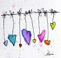 colorful hearts hanging from a line on a white paper with watercolor paint splatters