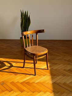 a wooden chair sitting on top of a hard wood floor next to a potted plant