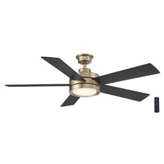 a ceiling fan with two black blades and a light on the bottom one is turned off