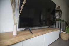 a flat screen tv sitting on top of a wooden shelf next to a potted plant