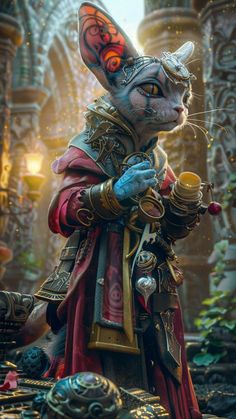 a cat dressed up as a knight in a fantasy setting with lots of gold and jewels