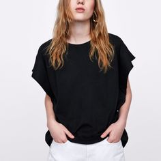 Zara Two-Tone Sleeve Top Black Knit T-Shirt With White Contrasting Inner Lining At Sleeves Relaxed Fit Back Slightly Longer Wide Oversized Armholes Cap Sleeve Style Nwt Bm:B Buy With Confidence Professional Posher - I Ship Daily! Trendy Crew Neck Top For Layering, Black T-shirt For Summer Layering, Zara Tops For Everyday Summer Wear, Oversized Zara Tops For Spring, Zara Oversized Tops For Spring, Chic Crew Neck Tops For Layering, Chic Cotton T-shirt For Layering, Zara Chic Everyday Tops, Black Relaxed Fit Knit Top For Spring