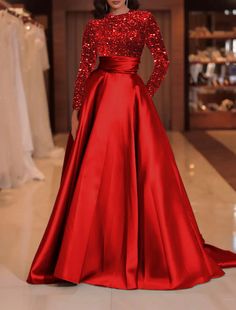 A-Line Evening Gown Sparkle Christmas Red Green Dress Formal Cocktail Party Court Train Long Sleeve High Neck Fall Wedding Guest Satin with Sequin Green Dress Formal, Red Green Dress, Formal Cocktail Party, Fall Wedding Guest, Timeless Dress, Long Sleeve Sequin, Prom Dresses Online, Dress Formal, Bride Dress