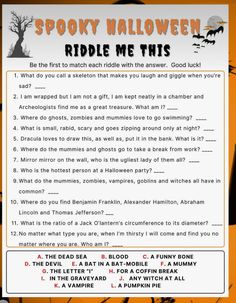 the spooky halloween riddle game is shown in orange and black with an image of a