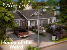 the house of the weird is shown in an animated image with trees and bushes surrounding it