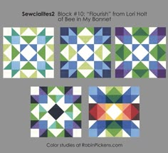 four different colored squares with the text sewediler block 10 flourish from lori holl or bee in my bonnet