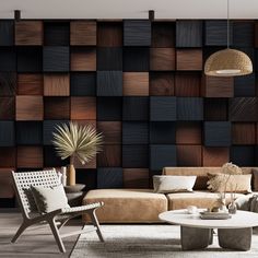 a living room filled with furniture next to a wall covered in wooden blocks and plants