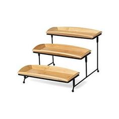 three wooden trays sitting on top of each other with black metal legs and bases