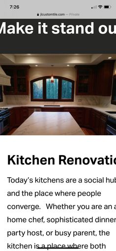 an advertisement for a kitchen renovation company with the words, make it stand out today's kitchens are a social hub and the place where people