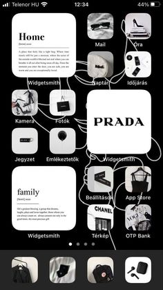 a black and white poster with many different things on it's back side, including the words prada