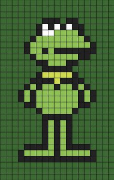 A pixel art template of Kermit the Frog standing up. Muppets Pixel Art, 14x14 Pixel Art, Cute Frog Pixel Art, Minecraft Alpha Pattern, Pixel Art Cartoon Characters, Pixel Art 8x8, Paper Pixel Art, Pixel Art With Grid, Pixel Art Ideas Simple