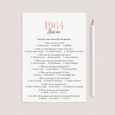 Are you looking for a fun game for a 60th birthday party? Look no further! This 1964 trivia quiz with 10 multiple choice questions is such a fun game to play with your friends and family. Test your guests how well they know 1964's pop culture. It's the perfect addition to a birthday party for a woman born in 1964.Just in case you are having trouble figuring out the answers, an answer key with the 1964 trivia answers is included. This 1964 trivia is a digital download. After purchase you will receive a download link immediately on screen. Also within minutes of your order and payment, an e-mail will be sent to you with a link for your download. Print the game right from your computer in a matter of minutes or have the cards printed at your favorite print shop. We recommend printing on a nic 30th Birthday Party Games, Wedding Anniversary Party Games, 50th Birthday Games, 40th Birthday Games, 30th Birthday Games, Teen Girl Birthday Party, 1st Birthday Party Games, Girls Birthday Party Games, Anniversary Party Games