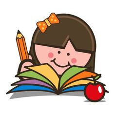 a girl reading a book with an apple and pencil