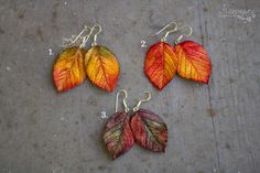 four different colored leaves are hanging from hooks on the concrete floor, with numbers written below them