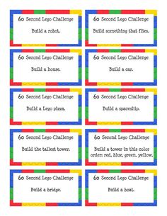 printable lego party tags for birthdays or any child's age celebration, set of 6