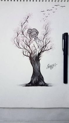 a drawing of a woman sitting on top of a tree