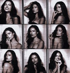 six different pictures of a woman with long dark hair and no shirt posing for the camera