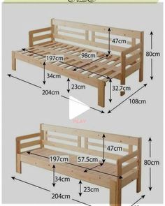 a wooden bed frame with measurements for the bottom and bottom bunks on each side