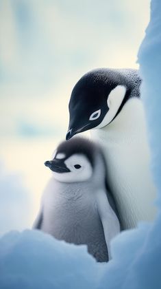 a penguin and its chick are standing in the snow, looking out from behind an iceberg