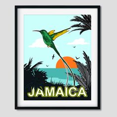 a poster with a hummingbird flying over the ocean and palm trees in front of it