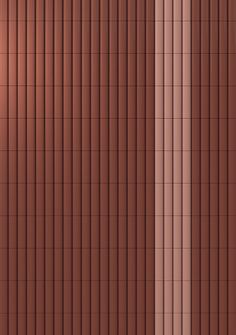 the side of a building with vertical blinds in red and brown colors on each side