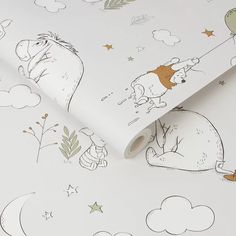 a white wallpaper with winnie the pooh and pig on it's back