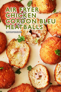 An image of chicken cordon bleu meatballs cooked in an air fryer. They're sitting in a dijon mustard sauce. There are two meatballs cut in half showing four halve pieces with cheese and diced ham in the center of each meatball. Green text is displayed across the top saying air fryer chicken cordon bleu meatballs simplyhappenings.com. Air Fryer Chicken Cordon Bleu, Dijon Mustard Sauce, Bacon Wrapped Smokies, Creamy Dijon, Dijon Sauce, Chicken Roll Ups, Toasted Ravioli, Loaded Mashed Potatoes, Bacon Wrapped Asparagus