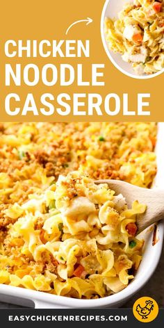 chicken noodle casserole in a white dish with a wooden spoon