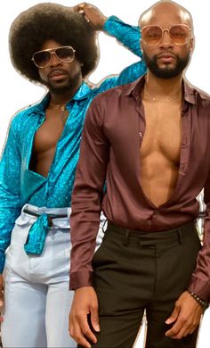 two black men with afro hair standing next to each other in front of a white background