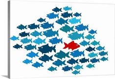 a red fish surrounded by many blue ones in the shape of a pyramid on a white background