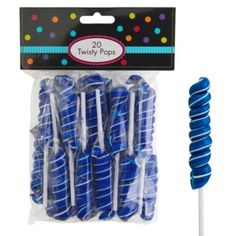 blue and white striped cake pops in plastic packaging