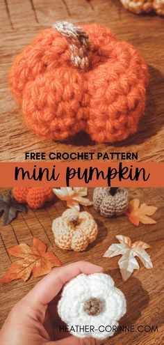 crochet pumpkin pattern with text overlay that says free crochet pattern mini pumpkin