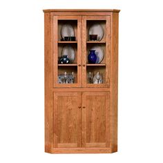 a wooden china cabinet with glass doors on the front and bottom shelves, holding dishes