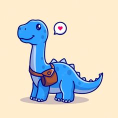 a blue dinosaur with a brown bag on it's back and a thought bubble above its head