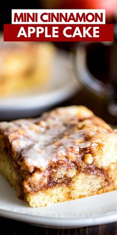 small batch cinnamon apple cake on a plate with the title in the middle above it