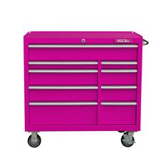 This 41-Inch 9-drawer rolling cabinet by The Original Pink Box provides plenty of room to organize tools of different sizes and trades. Each drawer is equipped with 100-pound load rated slides, with double slides in the top drawer and 2 bottom drawers, increasing their capacity to up to 200 pounds each. Ball bearings provide an effortless glide and the lever release feature allows for easy drawer removal. A locking latch and hold-in detents help prevent accidental opening. Full length aluminum pulls have a generous grip, and pre-cut, non-adhesive, woven non-slip liners protect and cushion your items. Sturdy 18-gauge steel is powder coated inside and out to resist abrasions and wear, keeping the color vibrant for years to come. A locking bar secures the slides internally with a 7-pin cylind Pink Workshop, Pink Tool Box, Girl Tools, Organize Tools, Pink Drawers, Rolling Cabinet, Bear Quotes, Pink Tools, Tool Cabinet