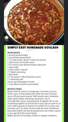 the recipe for homemade goulash is shown in an image above it's description