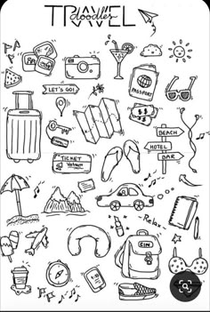 a black and white drawing of travel items on a white background with the words travel written below it