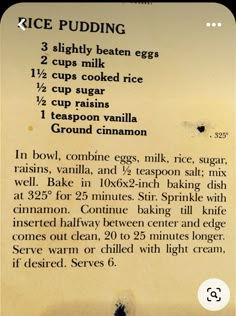 an advertisement for rice pudding with instructions on it