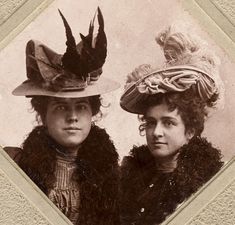 Late Victorian fashion: ladies with gorgeous hats: one of them with taxidermy (whole bird), as was quite typical for this period. Shorpy Historical Photo Archive :: Sisters: 1895. Victorian Millinery. Vintage Dresses 1800 Victorian, Women With Hats, Vintage Dresses 1800, Shorpy Historical Photos, Lily Elsie, Edwardian Hat, Chicken Hats, Victorian Hats, Victorian Women