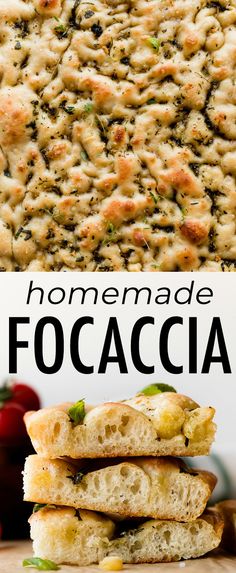 homemade focaccia bread is stacked on top of each other