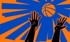 two hands reaching for a basketball in front of a blue and orange sunburst