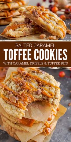 salted caramel toffe cookies with caramel drizzle and toppings