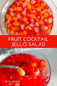 fruit cocktail jello salad in a glass bowl with a spoon on the side and text overlay that reads fruit cocktail jello salad