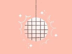 a pink background with a black and white circle hanging from the ceiling, surrounded by stars