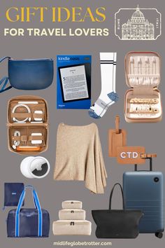 A grey background with 12 different gifts pictured: luggage, tote bags, packing cubes, a cashmere wrap, jewelry case, tech accessory bag and more Luggage Photography, Wishlist Ideas, Kindle Oasis, Packing Essentials, Travel Yoga Mat, Travel Wishlist, Holiday Guide, Jewelry Safe