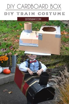 a boy in a costume made out of cardboard boxes with the words diy train costume