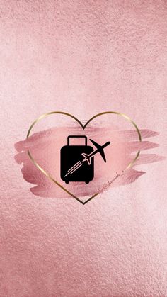 a pink background with a gold heart and an airplane in the middle on top of it