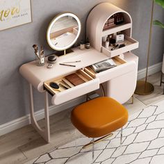 This charming vanity is sure to be the ideal gift for your wife, daughter or girlfriend for Christmas or any other special day! Everly Quinn | Everly Quinn Makeup Vanity Set brown / grayWood in Pink | 47.2" H X 39.3" W X 15.7" D | Wayfair Makeup Vanity Stools, Makeup Vanity Set, Accent Stools, Makeup Table Vanity, Vanity Stool, Living Room Furniture Chairs, Mirrors Wayfair, Vanity Table, Everly Quinn